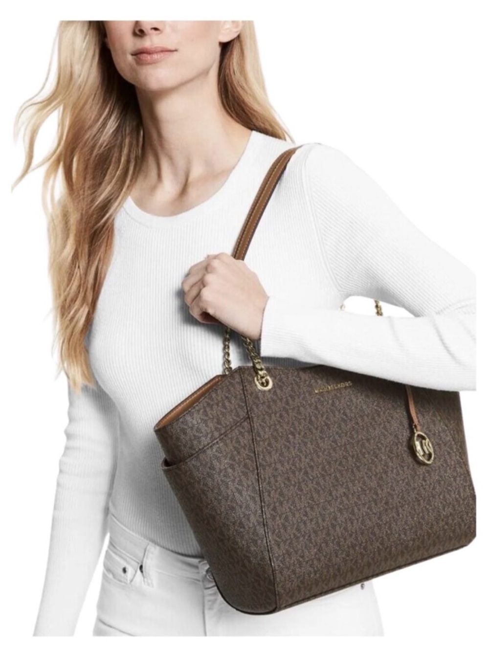 Michael Kors Jet Set -Dark Brown MK Signature Logo Shoulder Bag - Picture 14 of 15